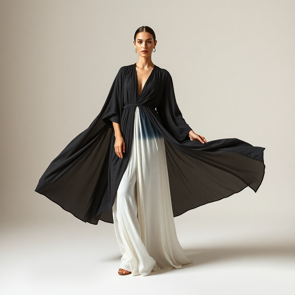elegant model wearing flowing luxury caftan in neutral tones, minimalist fashion photography, vogue magazine style, high-end luxury fashion